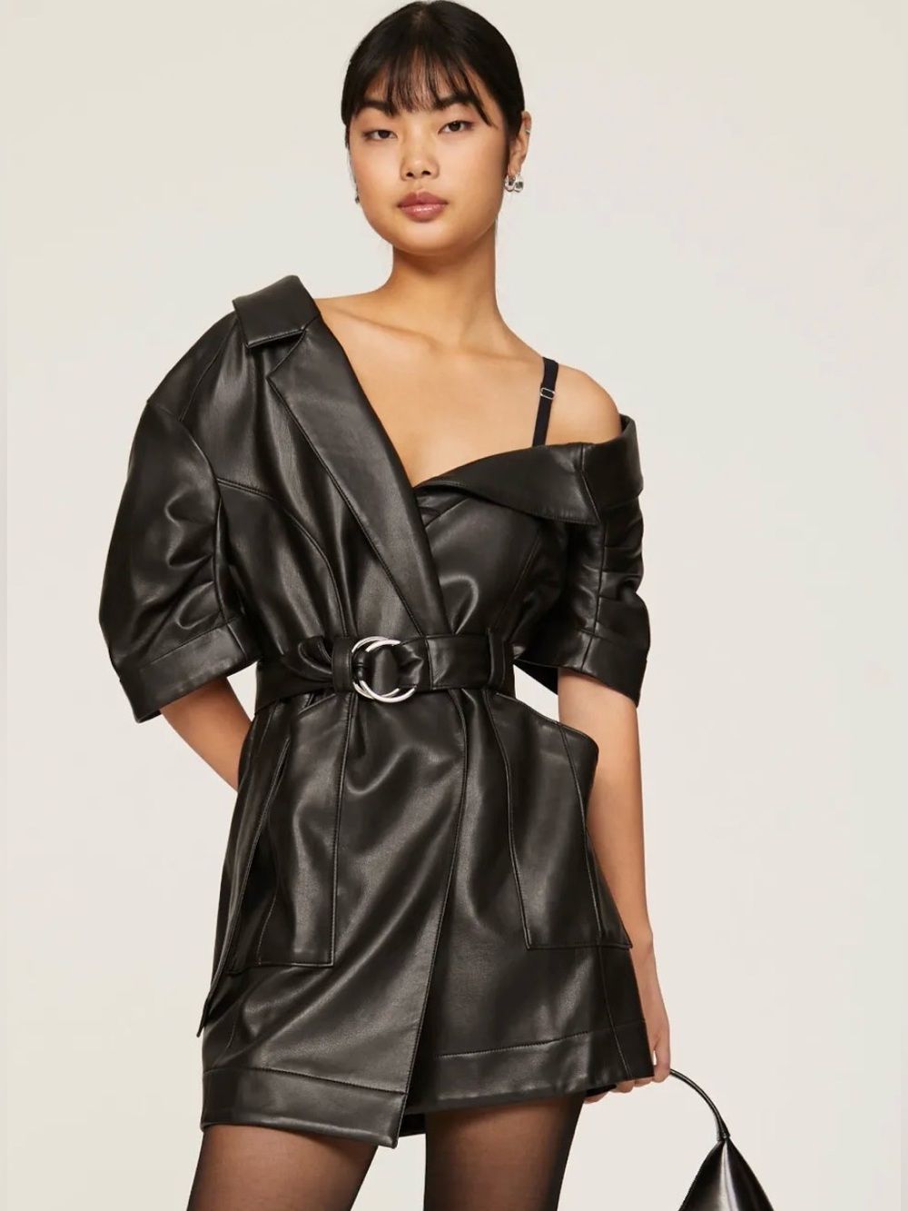 cinq a sept Black Faux Leather Off-Shoulder Belted Mini Dress